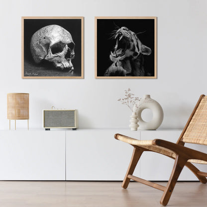 Dibujo a lápiz de carboncillo de una calavera. Arte gótico e hiperrealista para la decoración de interiores. 