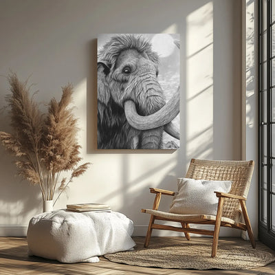 Lámina decorativa para pared de un Mamut Lanudo, dibujo a lápiz de carboncillo en blanco y negro realizado por el artista David Mateo.