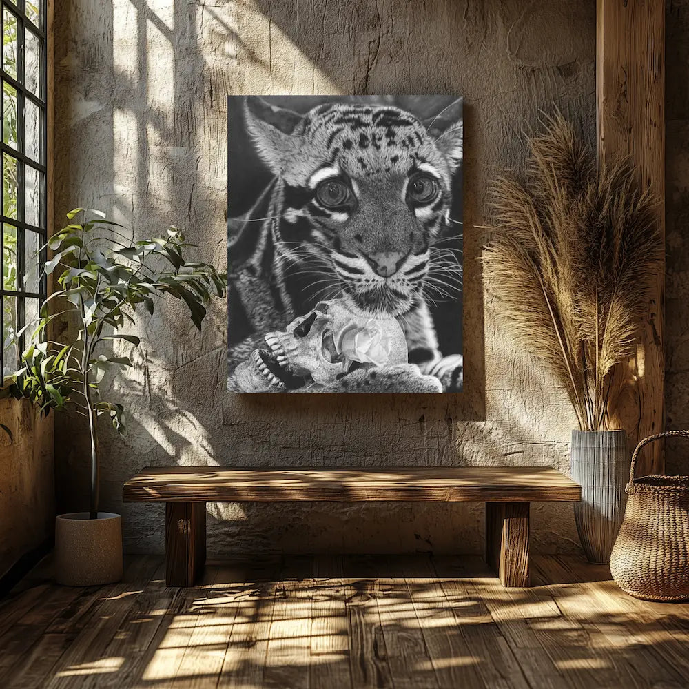 Retrato de un felino en blanco y negro a carboncillo en un ambiente moderno.