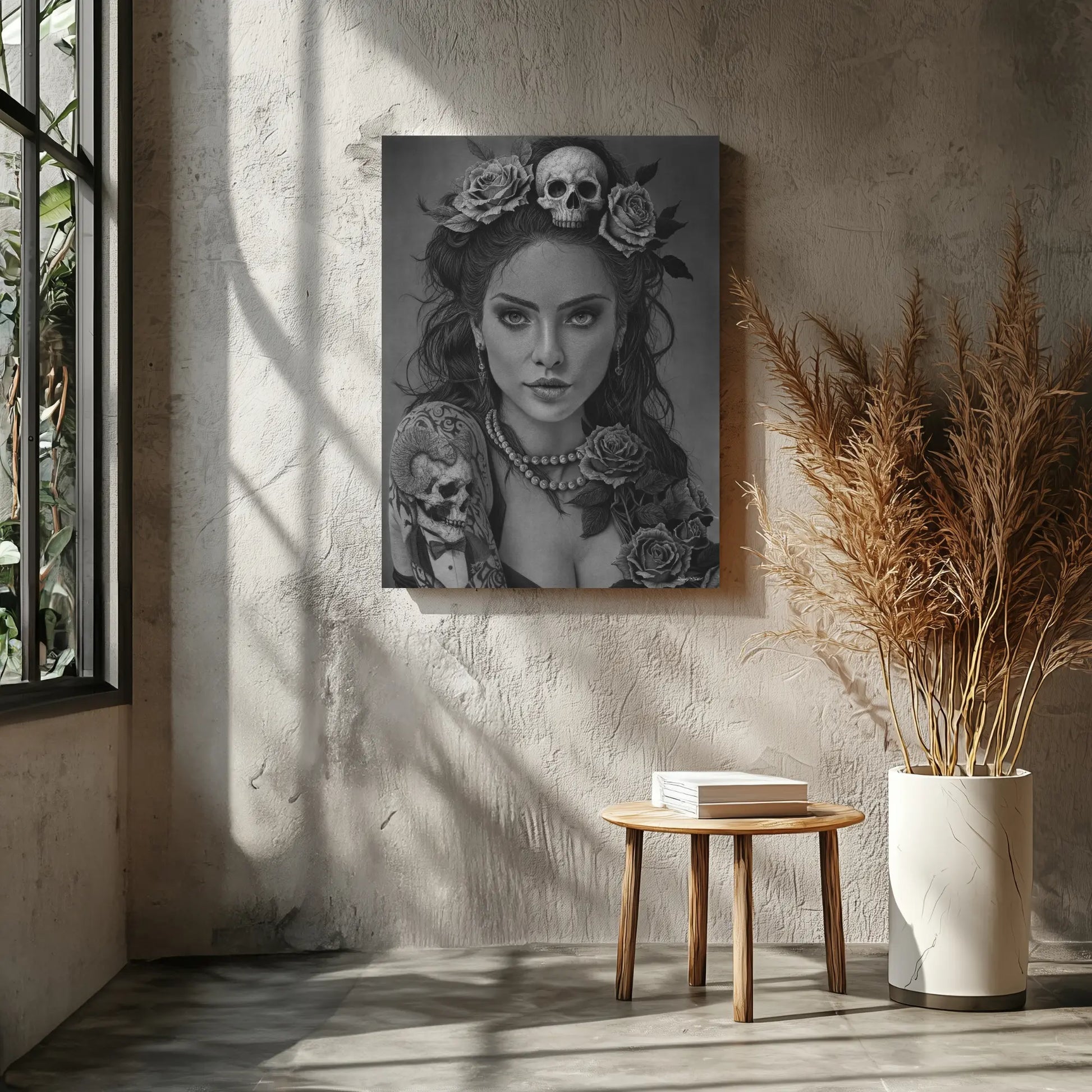 Lámina decorativa de arte oscuro que muestra un retrato femenino hiperrealista en blanco y negro con elementos de vida y muerte.