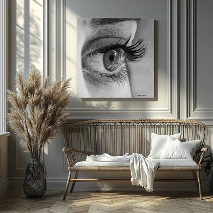Retrato hiperrealista moderno de un ojo en blanco y negro a grafito y carboncillo expuesto en una pared de un salón minimalista.