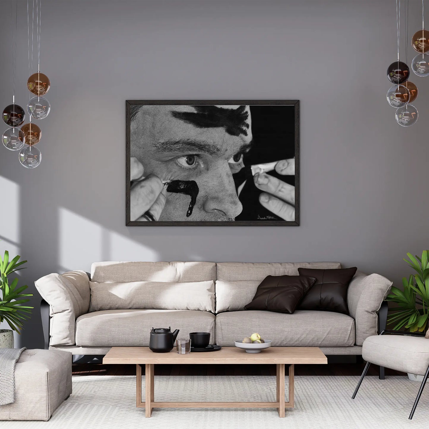 Lámina para cuadros de un primer plano de una mirada intensa y emocional en blanco y negro, con pintura negra cayendo por el rostro. Captura el drama del performance artístico.