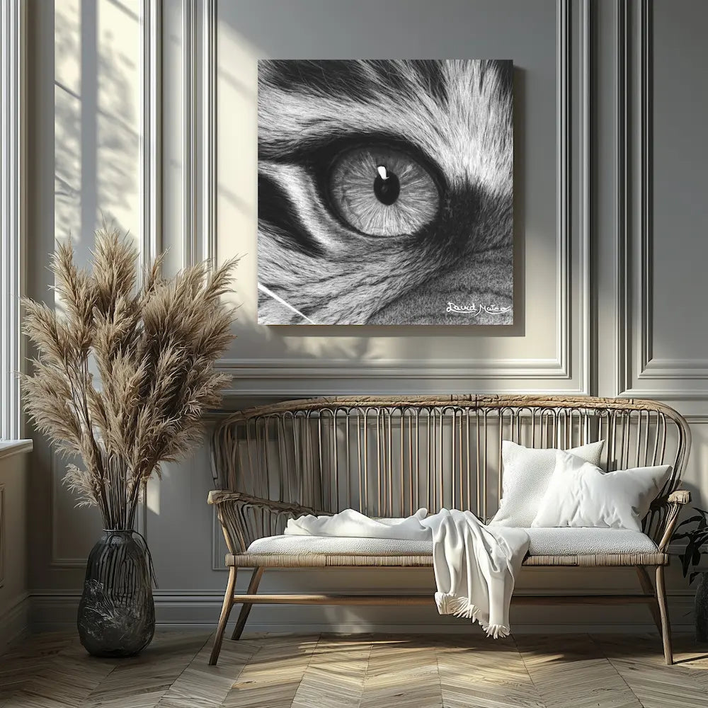 Retrato hiperrealista del ojo de un tigre en primer plano realizado a carboncillo por el artista David Mateo.