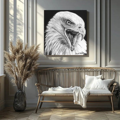 Retrato hiperrealista a carboncillo de un águila calva realizado por el artista David Mateo.
