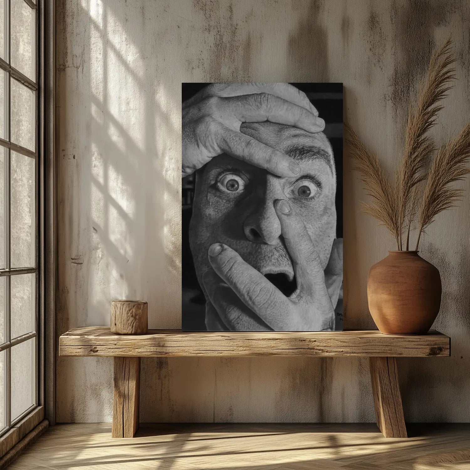 Obra de arte expresivo a lápiz de grafito para coleccionistas, autorretrato hiperrealista que captura una emoción de shock puro.