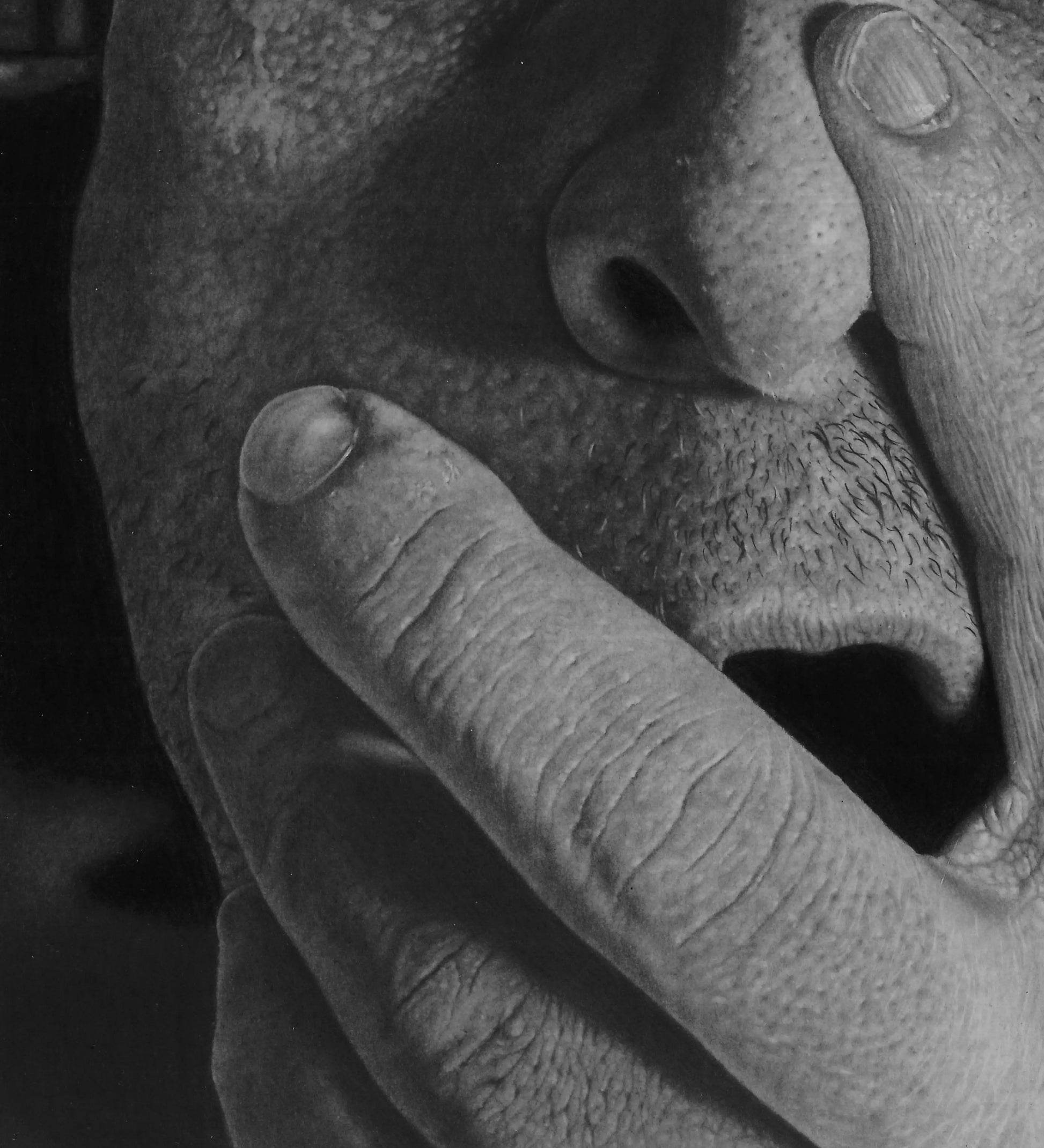 Primer plano de la boca abierta y el vello facial, capturando la respiración agitada y el realismo en la zona de la barbilla.