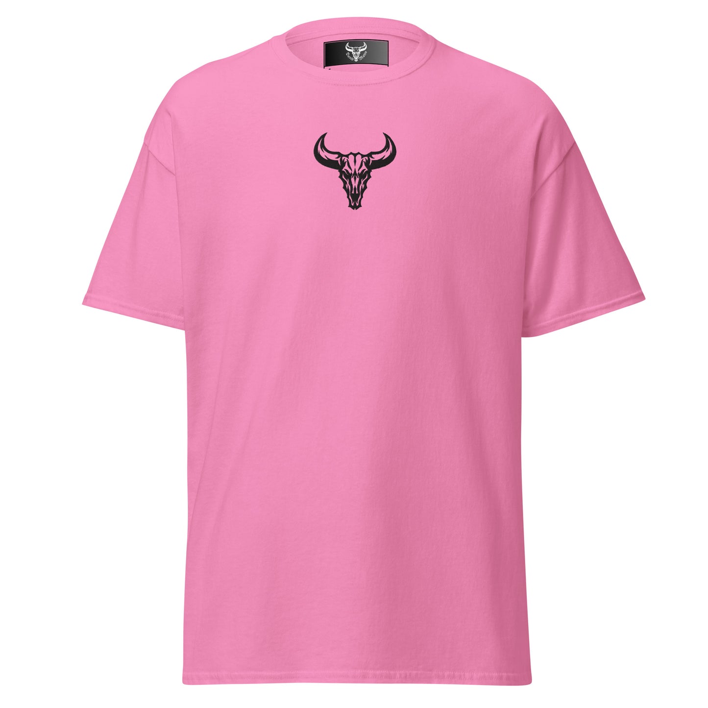Camiseta de algodón rosa azalea con logo de calavera de toro negro bordado en el centro del pecho, camiseta unisex de estilo minimalista para hombre y mujer.