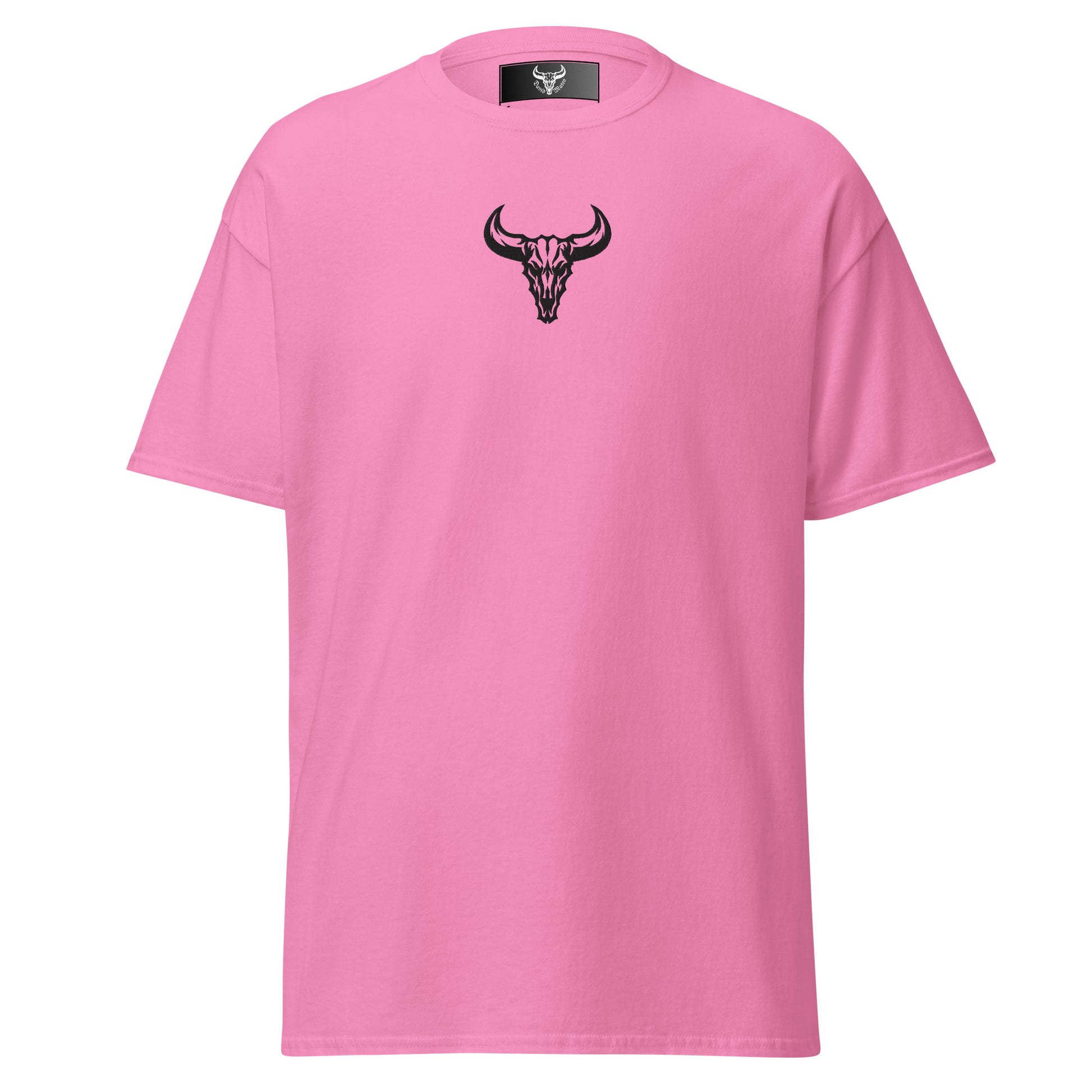 Camiseta de algodón rosa azalea con logo de calavera de toro negro bordado en el centro del pecho, camiseta unisex de estilo minimalista para hombre y mujer.