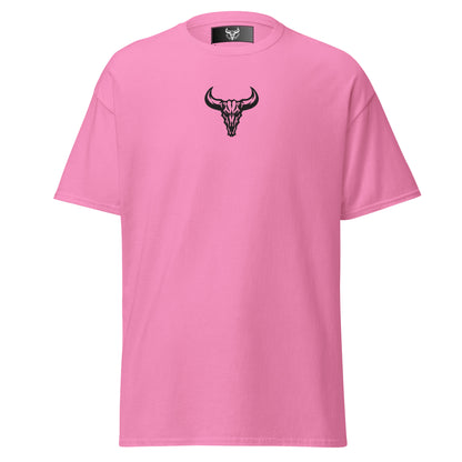 Camiseta de algodón rosa azalea con logo de calavera de toro negro bordado en el centro del pecho, camiseta unisex de estilo minimalista para hombre y mujer.