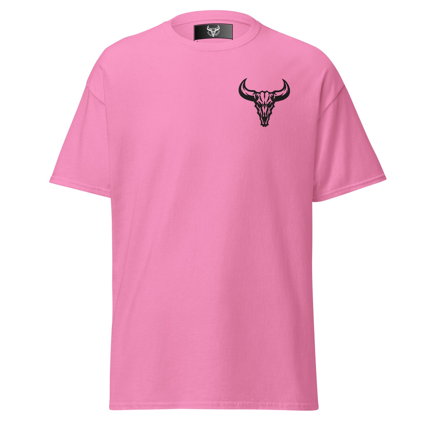 Camiseta de algodón rosa azalea con logo de calavera de toro negro bordado en el pecho izquierdo, camiseta unisex de estilo minimalista para hombre y mujer.