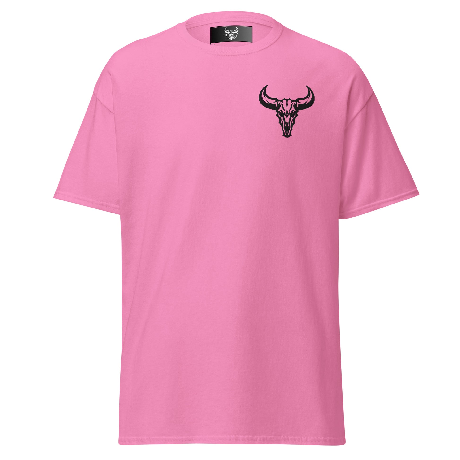 Camiseta de algodón rosa azalea con logo de calavera de toro negro bordado en el pecho izquierdo, camiseta unisex de estilo minimalista para hombre y mujer.