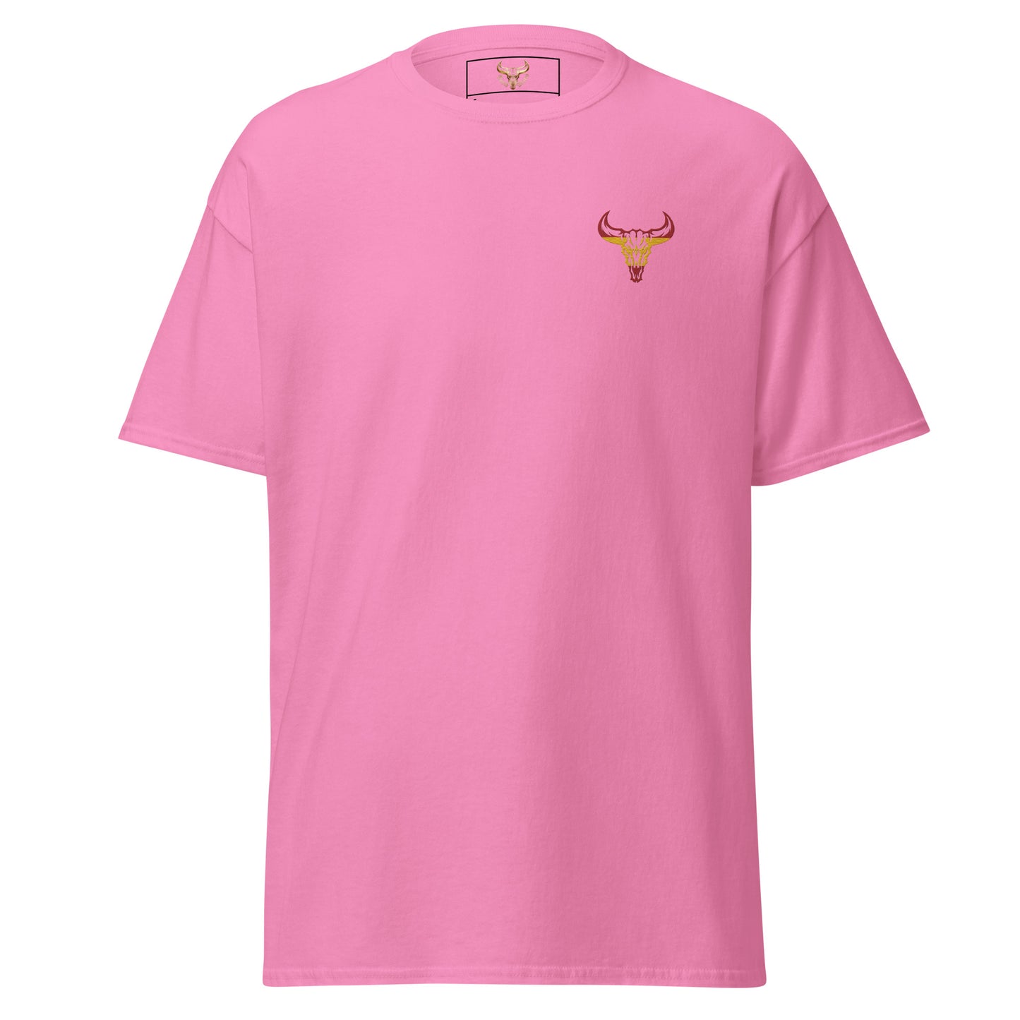 Camiseta de algodón clásica unisex rosa azalea con el logo de la calavera de toro de David Mateo Art con los colores de España.