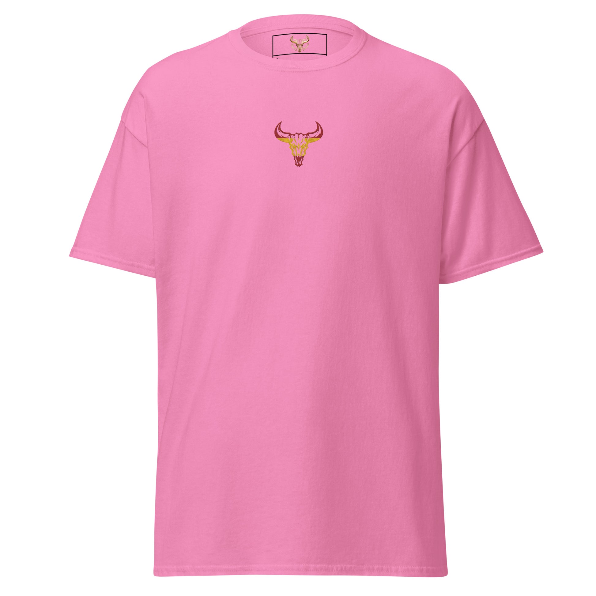 Camiseta de algodón unisex clásica rosa azalea con el logo de la calavera de toro de David Mateo Art con los colores de España.