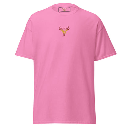 Camiseta de algodón unisex clásica rosa azalea con el logo de la calavera de toro de David Mateo Art con los colores de España.