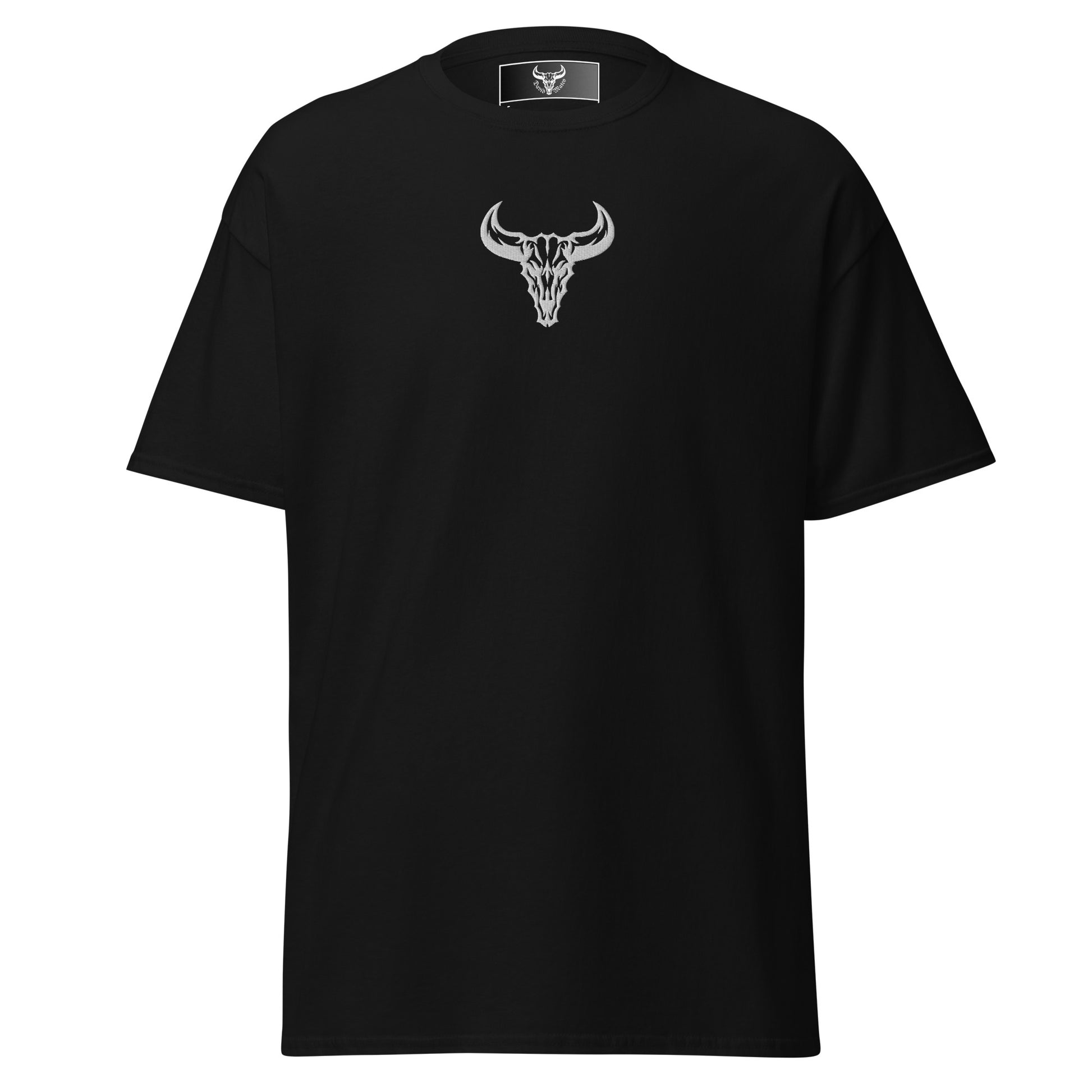 Camiseta de algodón negra con logo de calavera de toro blanco bordado en el centro del pecho, camiseta unisex de estilo minimalista para hombre y mujer.