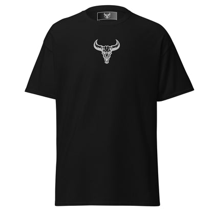Camiseta de algodón negra con logo de calavera de toro blanco bordado en el centro del pecho, camiseta unisex de estilo minimalista para hombre y mujer.