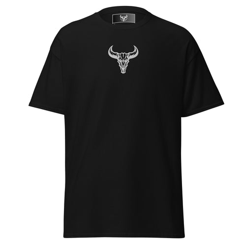 Camiseta de algodón negra con logo de calavera de toro blanco bordado en el centro del pecho, camiseta unisex de estilo minimalista para hombre y mujer.