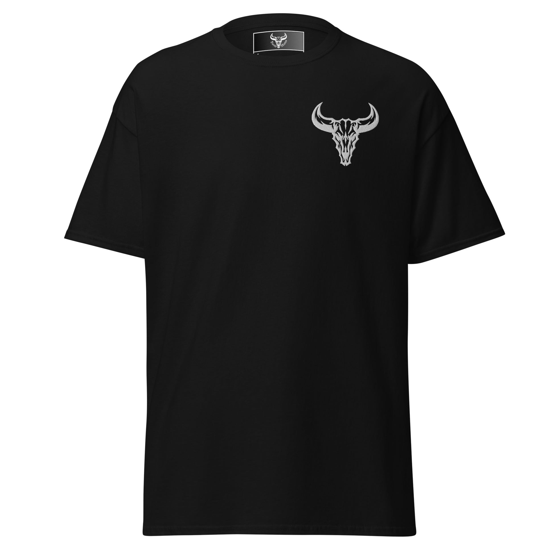 Camiseta de algodón negra con logo de calavera de toro blanco bordado en el pecho izquierdo, camiseta unisex de estilo minimalista para hombre y mujer.