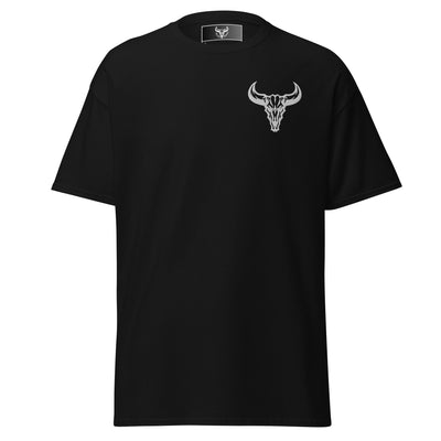 Camiseta de algodón negra con logo de calavera de toro blanco bordado en el pecho izquierdo, camiseta unisex de estilo minimalista para hombre y mujer.