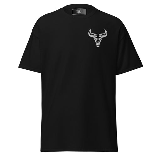 Camiseta de algodón negra con logo de calavera de toro blanco bordado en el pecho izquierdo, camiseta unisex de estilo minimalista para hombre y mujer.