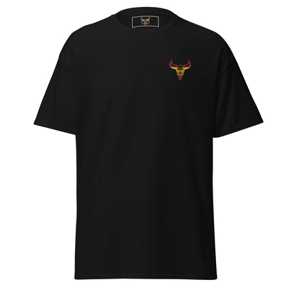 Camiseta de algodón clásica unisex negra con el logo de la calavera de toro de David Mateo Art con los colores de España.