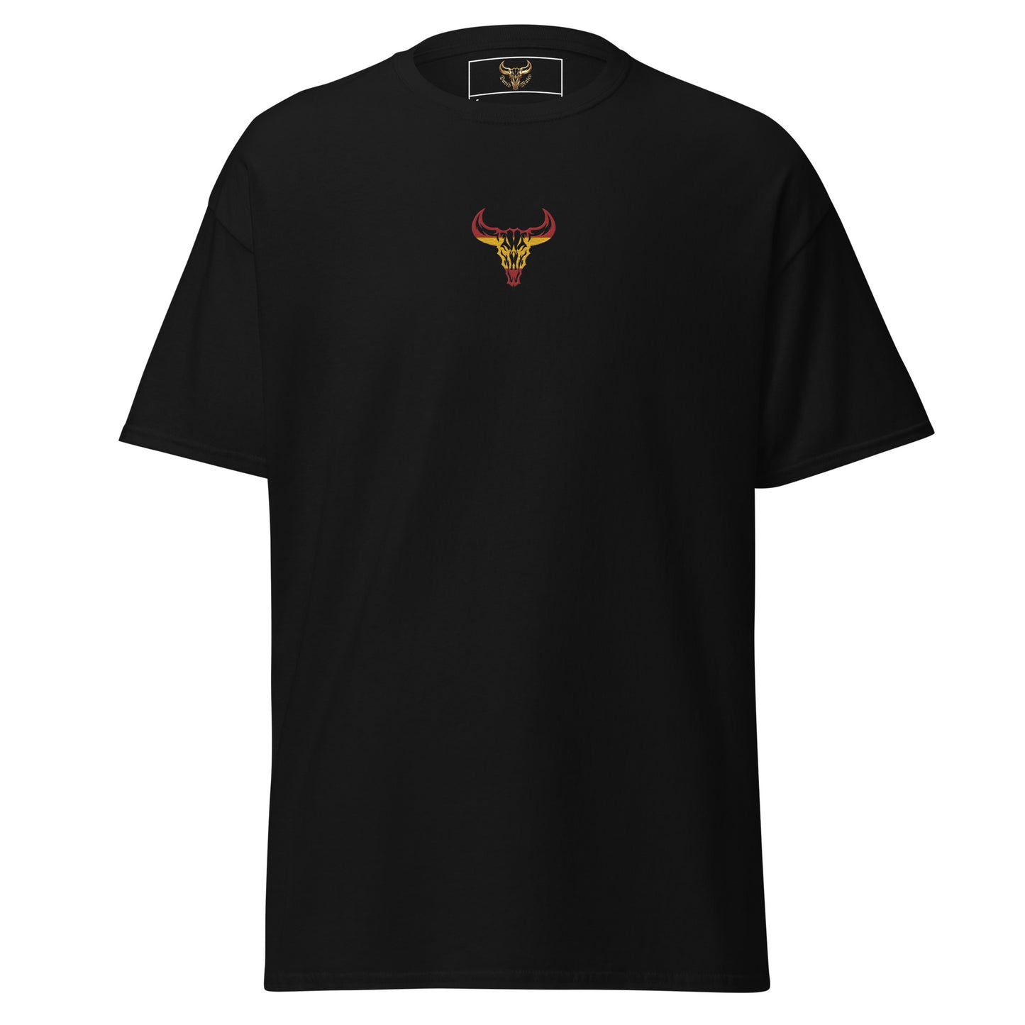 Camiseta de algodón unisex clásica negra con el logo de la calavera de toro de David Mateo Art con los colores de España.