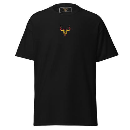 Camiseta de algodón unisex clásica negra con el logo de la calavera de toro de David Mateo Art con los colores de España.
