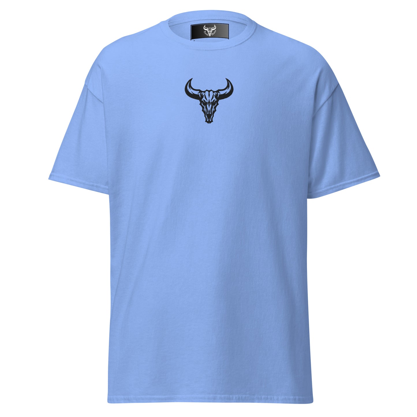 Camiseta de algodón azul carolina  con logo de calavera de toro negro bordado en el centro del pecho, camiseta unisex de estilo minimalista para hombre y mujer.