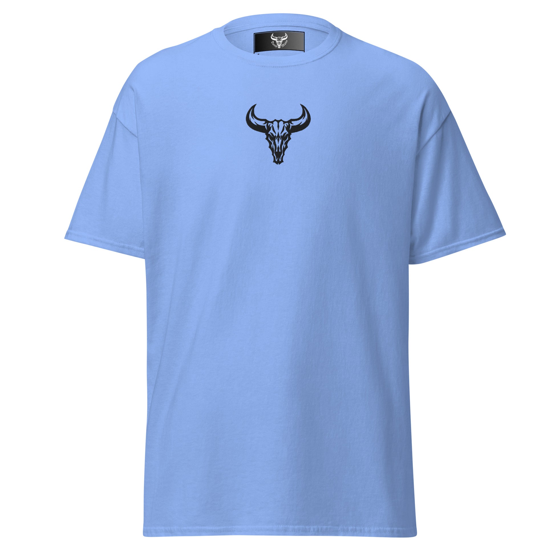 Camiseta de algodón azul carolina  con logo de calavera de toro negro bordado en el centro del pecho, camiseta unisex de estilo minimalista para hombre y mujer.