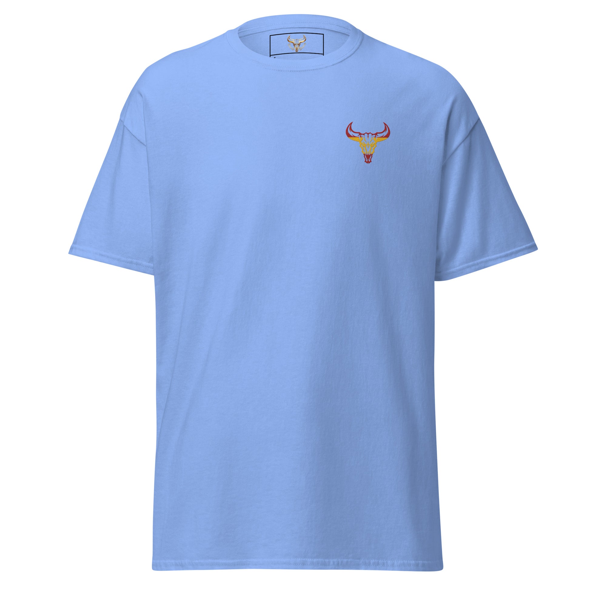 Camiseta de algodón clásica unisex azul carolina con el logo de la calavera de toro de David Mateo Art con los colores de España.