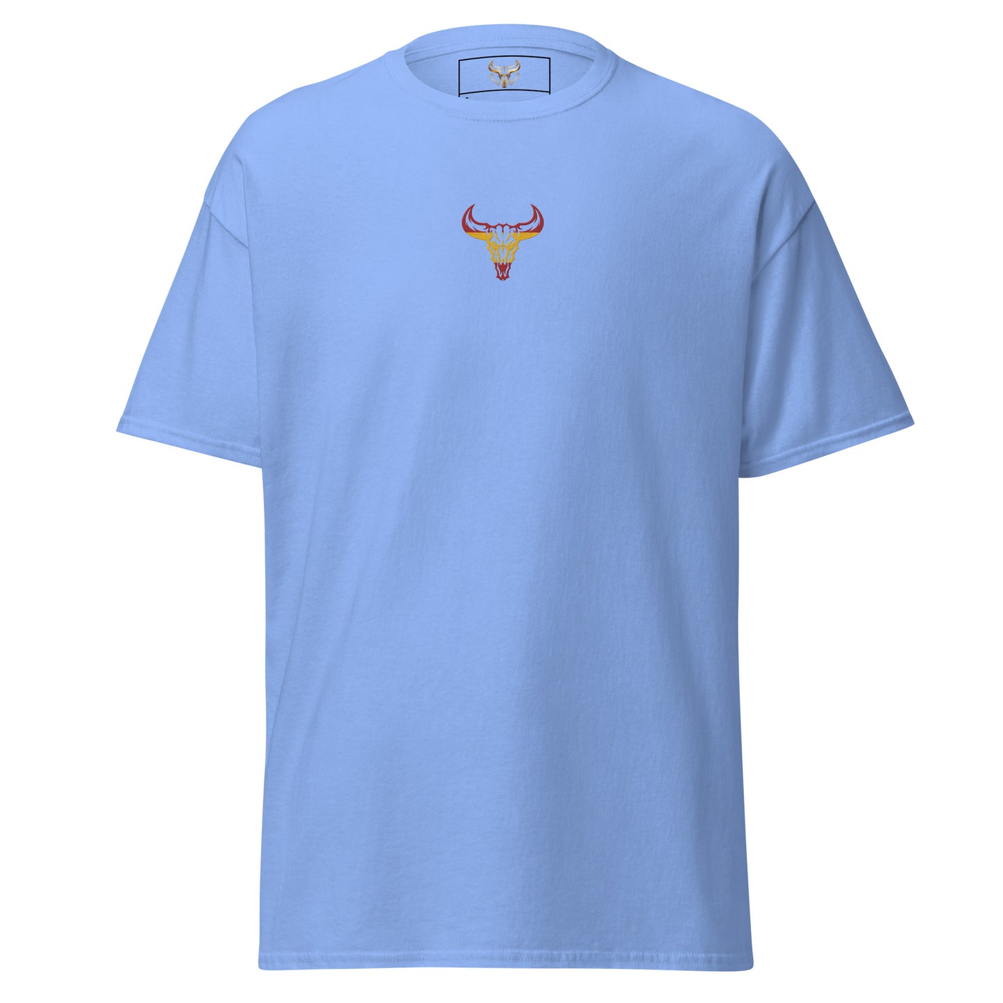 Camiseta de algodón unisex clásica azul con el logo de la calavera de toro de David Mateo Art con los colores de España.