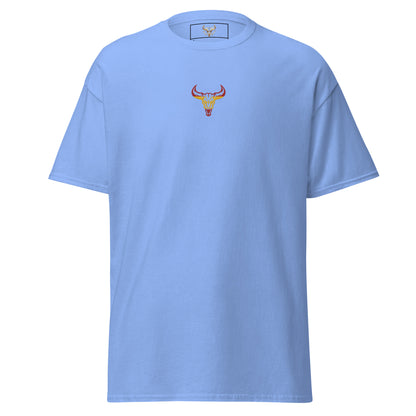 Camiseta de algodón unisex clásica azul con el logo de la calavera de toro de David Mateo Art con los colores de España.