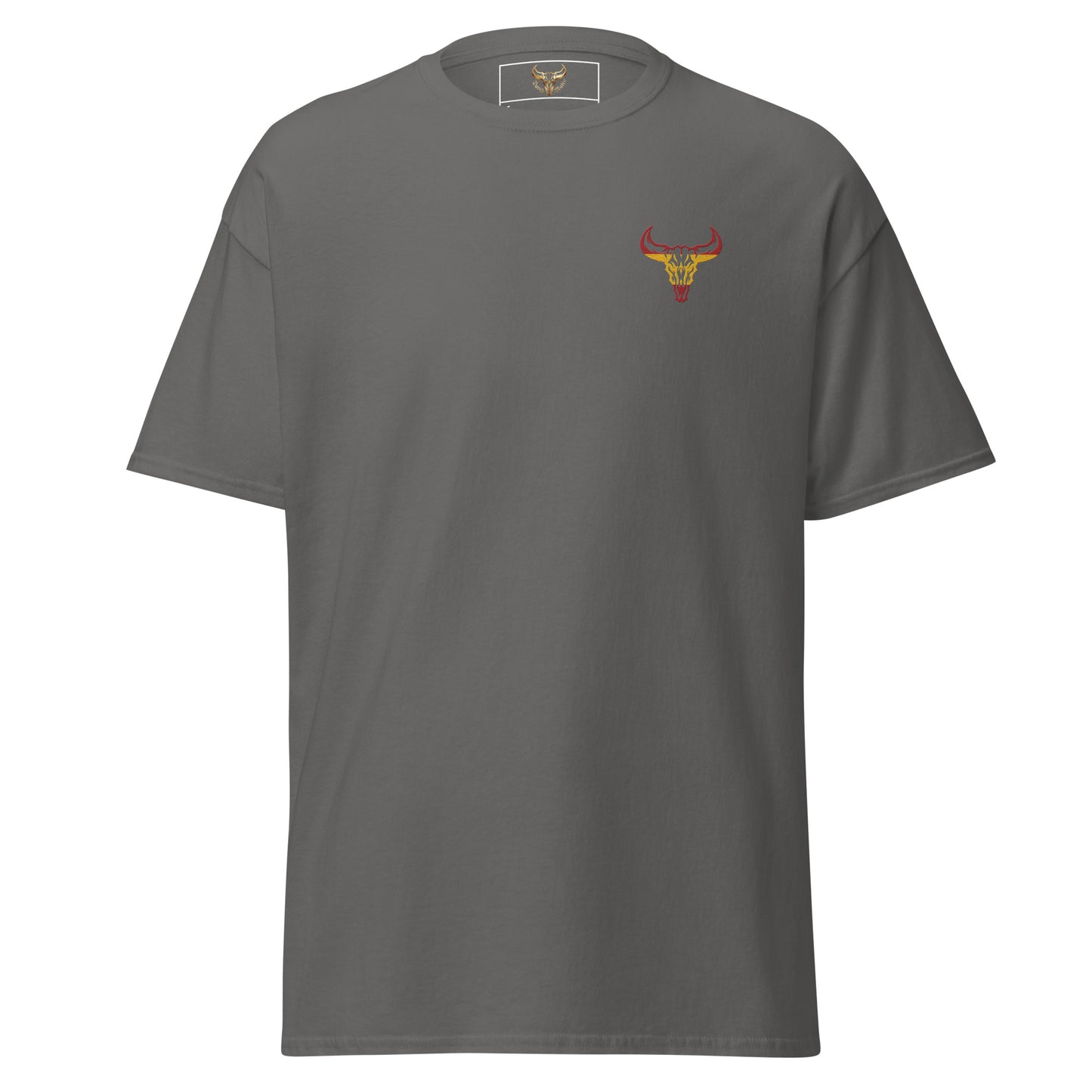 Camiseta de algodón clásica unisex gris carbón con el logo de la calavera de toro de David Mateo Art con los colores de España.