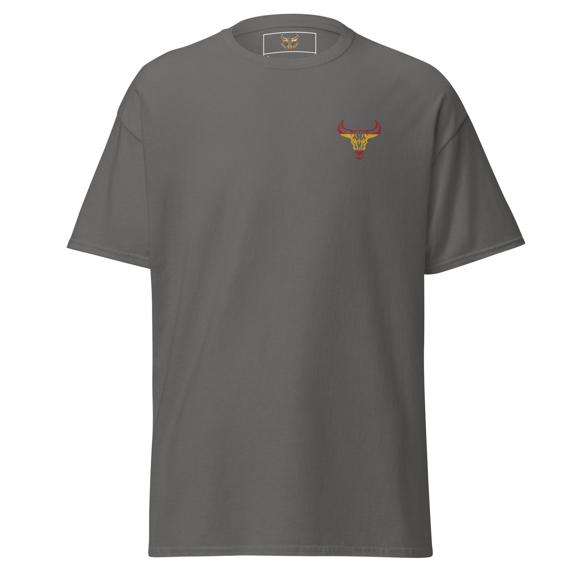 Camiseta de algodón clásica unisex gris carbón con el logo de la calavera de toro de David Mateo Art con los colores de España.