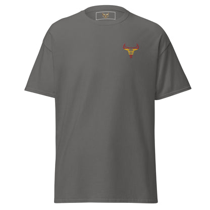 Camiseta de algodón clásica unisex gris carbón con el logo de la calavera de toro de David Mateo Art con los colores de España.