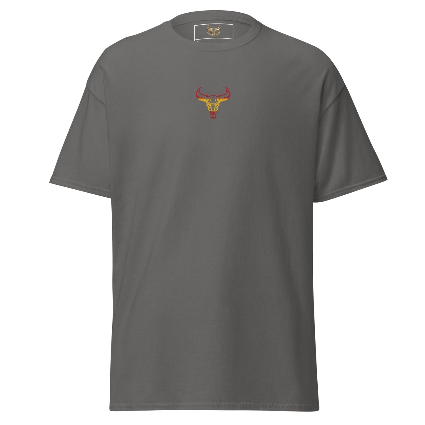 Camiseta de algodón unisex clásica gris carbón con el logo de la calavera de toro de David Mateo Art con los colores de España.