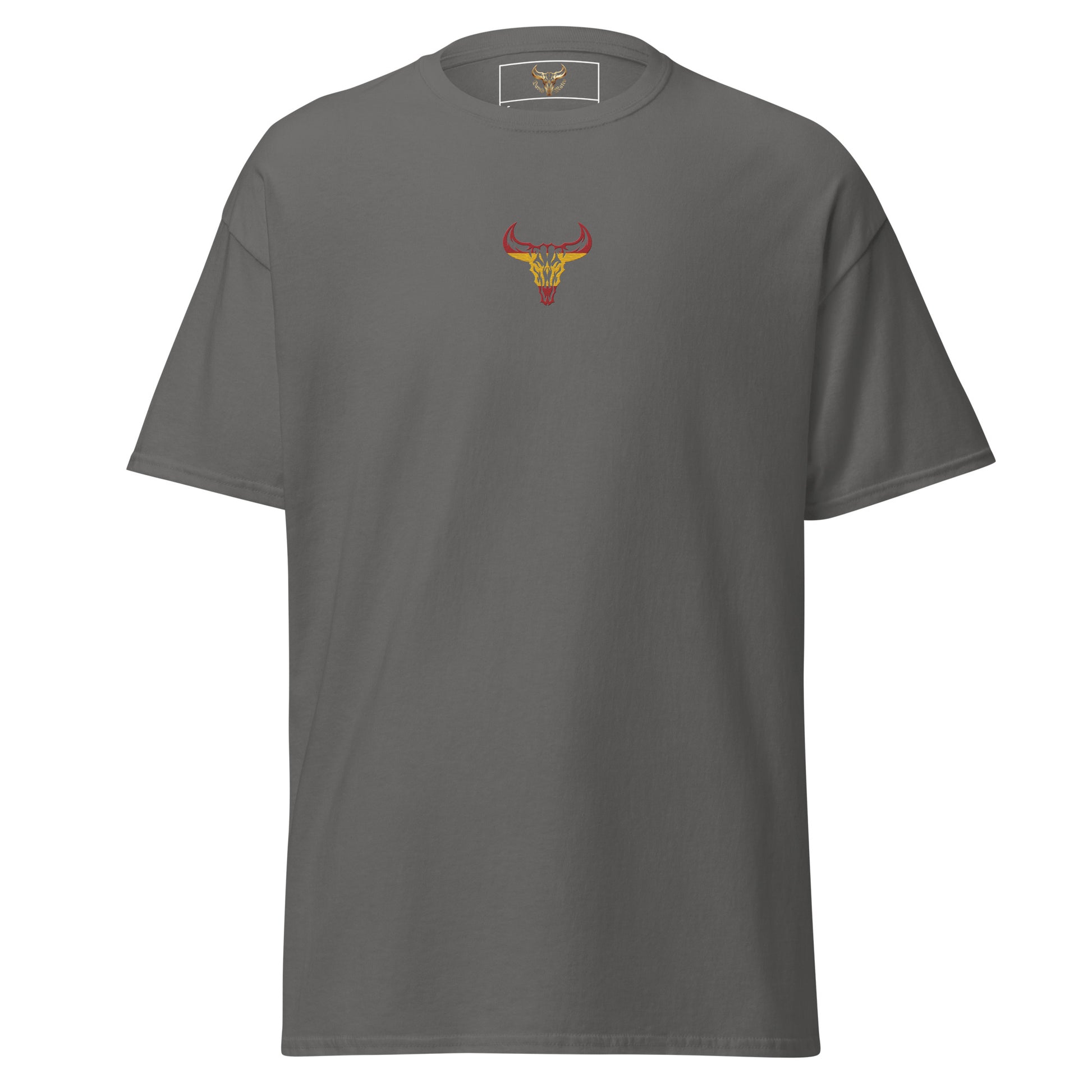 Camiseta de algodón unisex clásica gris carbón con el logo de la calavera de toro de David Mateo Art con los colores de España.