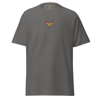 Camiseta de algodón unisex clásica gris carbón con el logo de la calavera de toro de David Mateo Art con los colores de España.