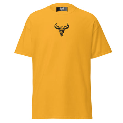 Camiseta de algodón amarillo gold con logo de calavera de toro negro bordado en el centro del pecho, camiseta unisex de estilo minimalista para hombre y mujer.