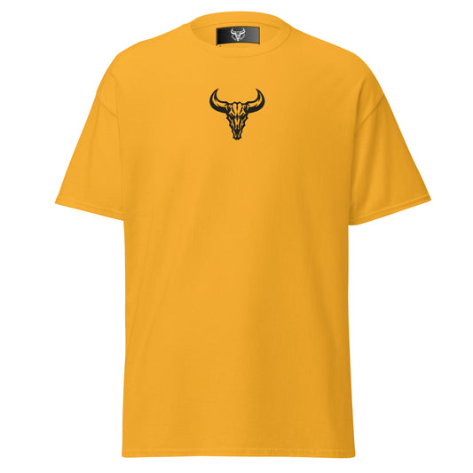 Camiseta de algodón amarillo gold con logo de calavera de toro negro bordado en el centro del pecho, camiseta unisex de estilo minimalista para hombre y mujer.
