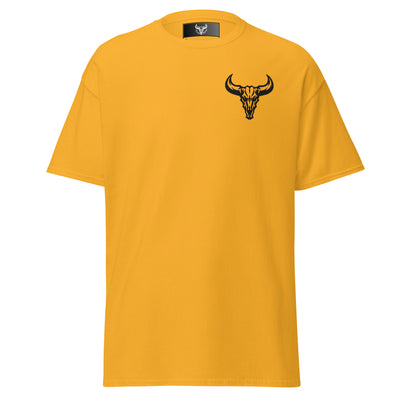 Camiseta de algodón amarillo gold con logo de calavera de toro negro bordado en el pecho izquierdo, camiseta unisex de estilo minimalista para hombre y mujer.