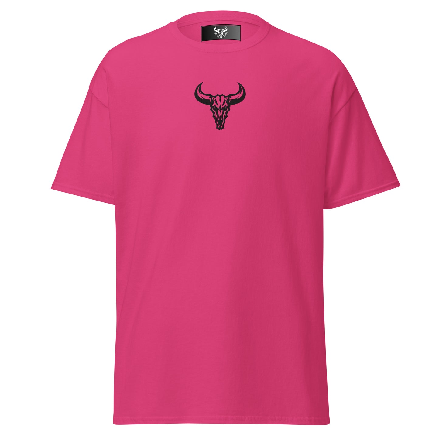 Camiseta de algodón rosa heliconia con logo de calavera de toro negro bordado en el centro del pecho, camiseta unisex de estilo minimalista para hombre y mujer.