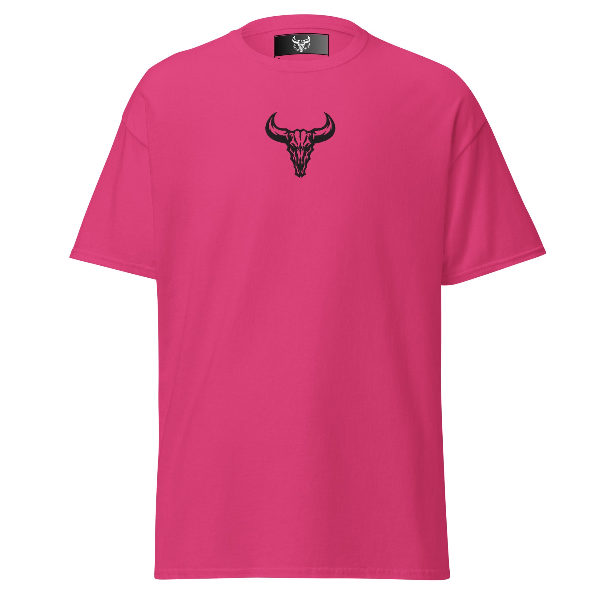 Camiseta de algodón rosa heliconia con logo de calavera de toro negro bordado en el centro del pecho, camiseta unisex de estilo minimalista para hombre y mujer.