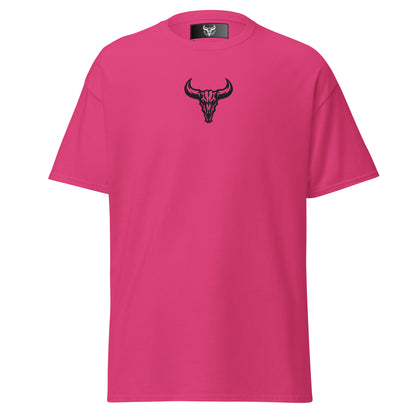Camiseta de algodón rosa heliconia con logo de calavera de toro negro bordado en el centro del pecho, camiseta unisex de estilo minimalista para hombre y mujer.