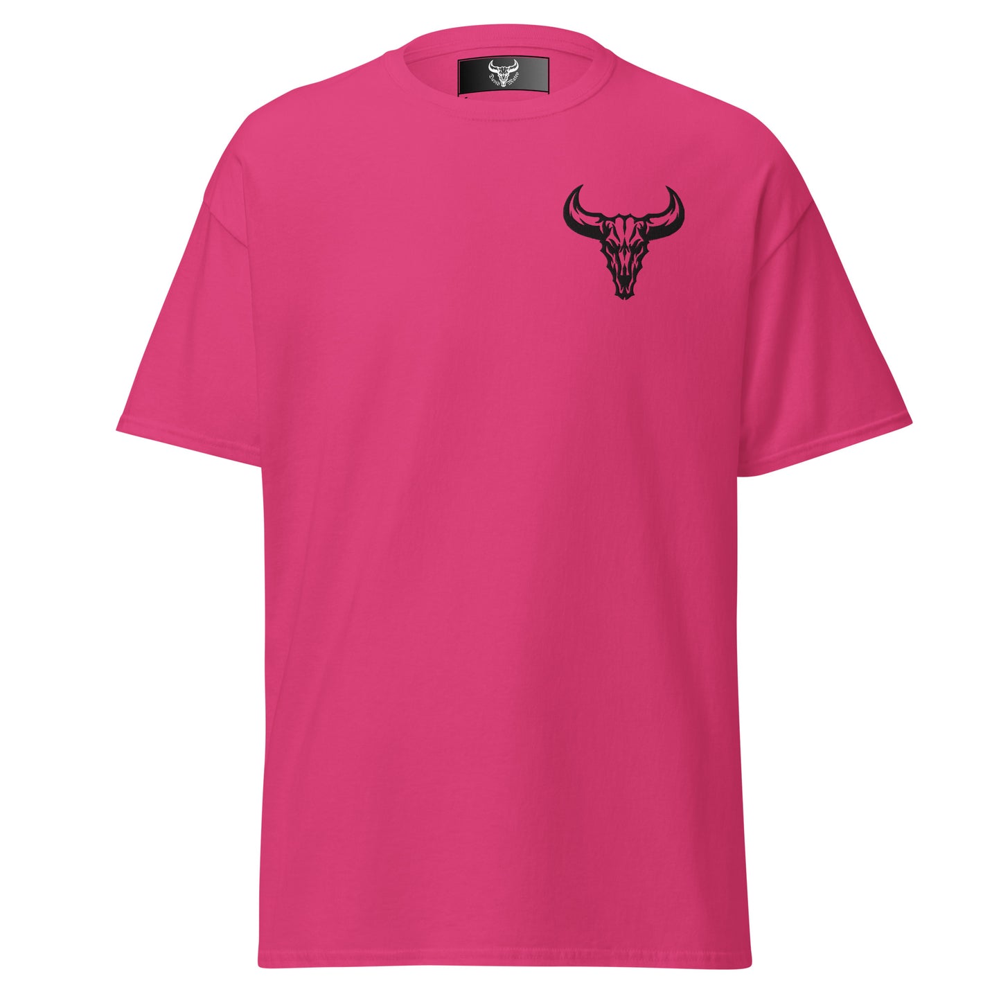 Camiseta de algodón rosa heliconia con logo de calavera de toro negro bordado en el pecho izquierdo, camiseta unisex de estilo minimalista para hombre y mujer.