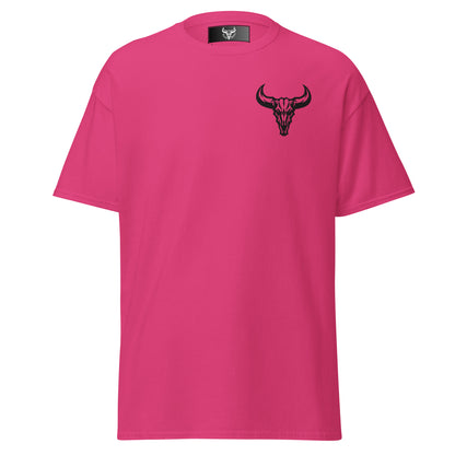 Camiseta de algodón rosa heliconia con logo de calavera de toro negro bordado en el pecho izquierdo, camiseta unisex de estilo minimalista para hombre y mujer.