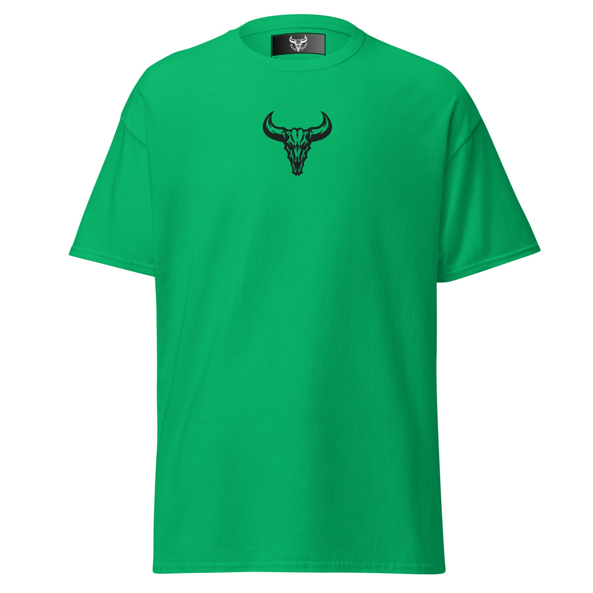 Camiseta de algodón verde irish con logo de calavera de toro negro bordado en el centro del pecho, camiseta unisex de estilo minimalista para hombre y mujer.