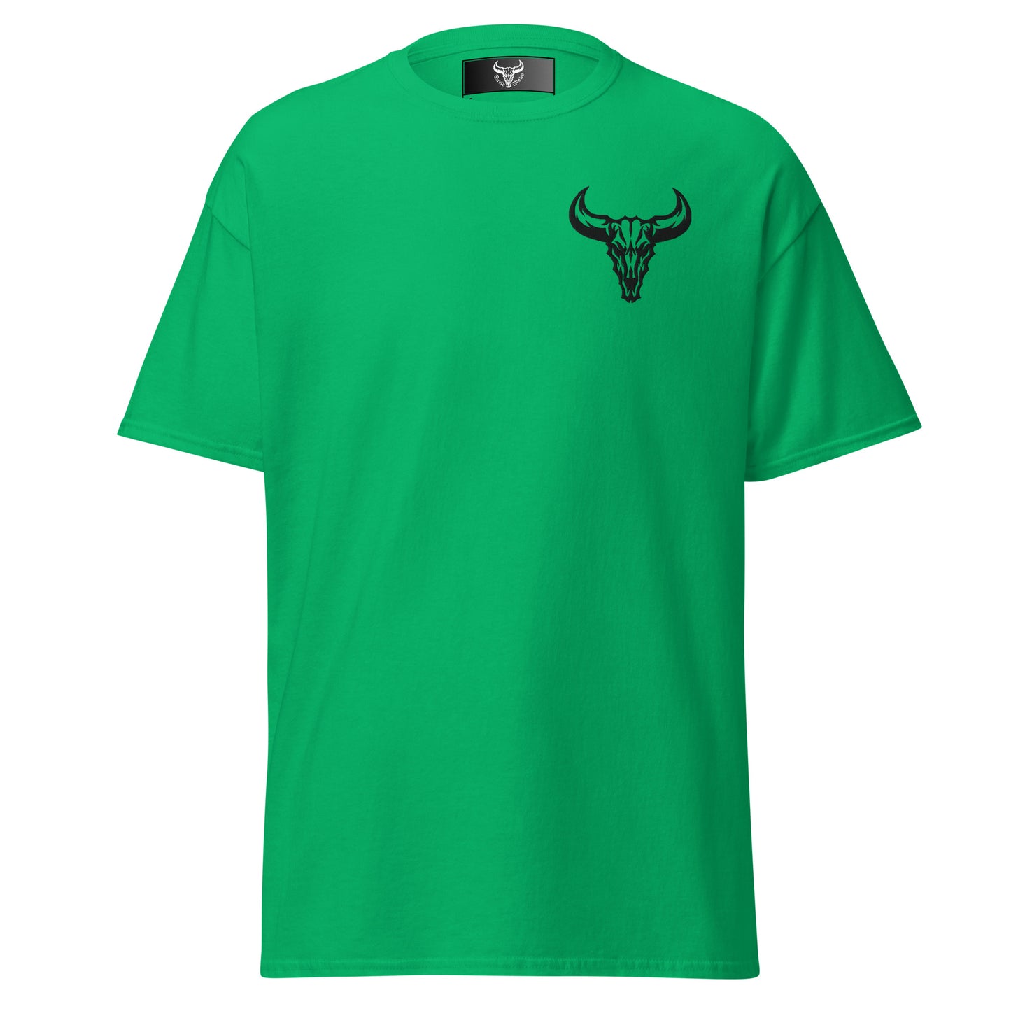 Camiseta de algodón verde irish con logo de calavera de toro negro bordado en el pecho izquierdo, camiseta unisex de estilo minimalista para hombre y mujer.