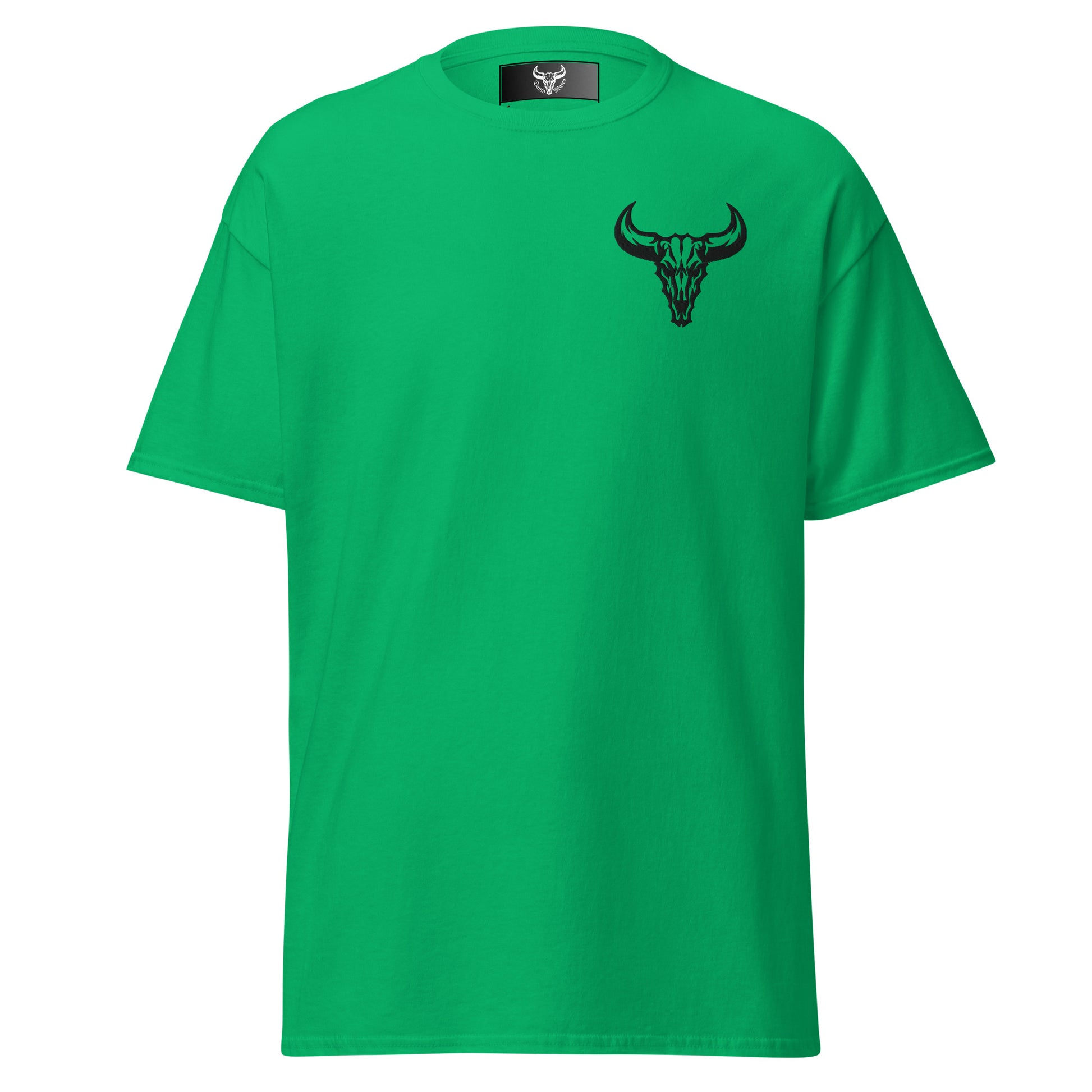 Camiseta de algodón verde irish con logo de calavera de toro negro bordado en el pecho izquierdo, camiseta unisex de estilo minimalista para hombre y mujer.