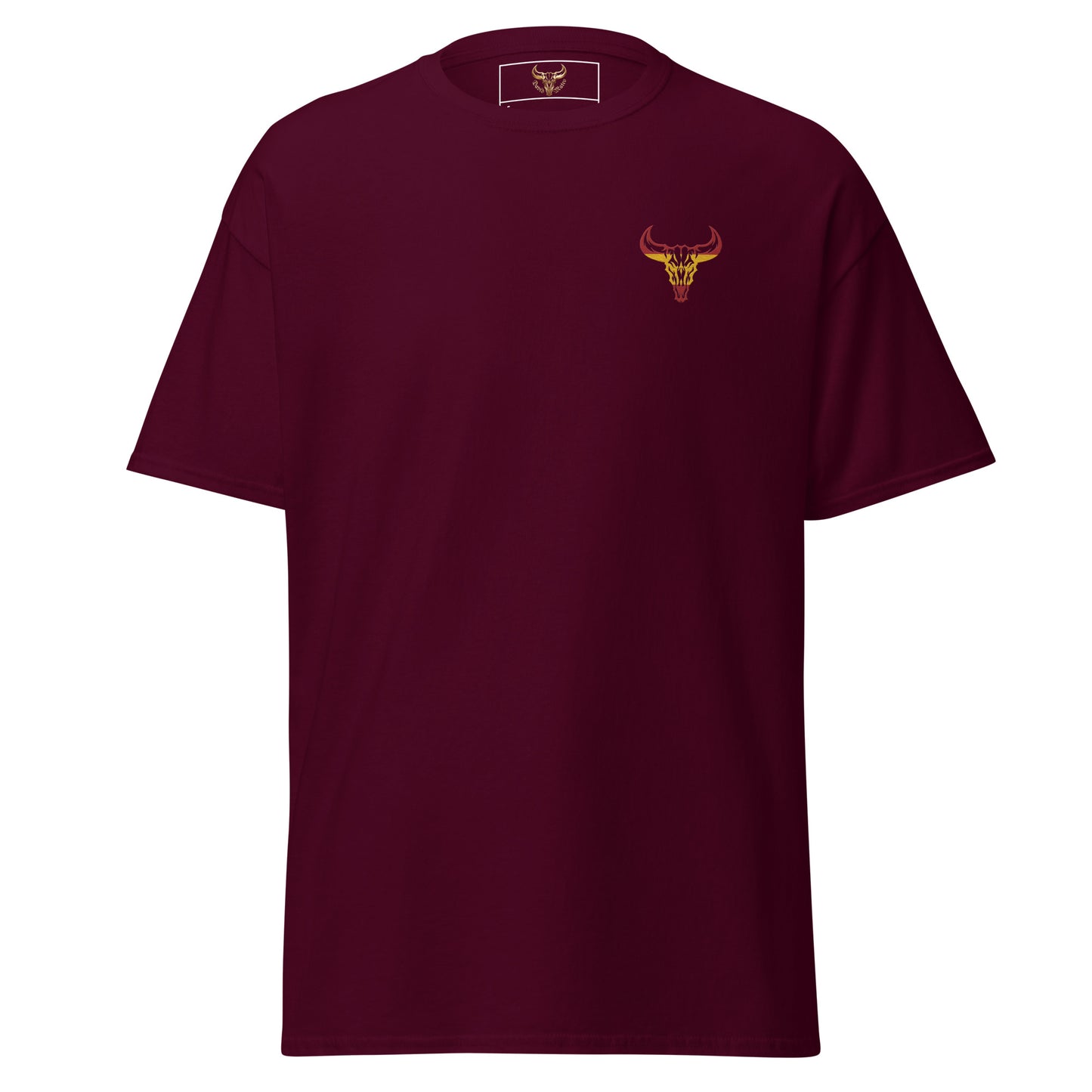 Camiseta de algodón clásica unisex granate con el logo de la calavera de toro de David Mateo Art con los colores de España.